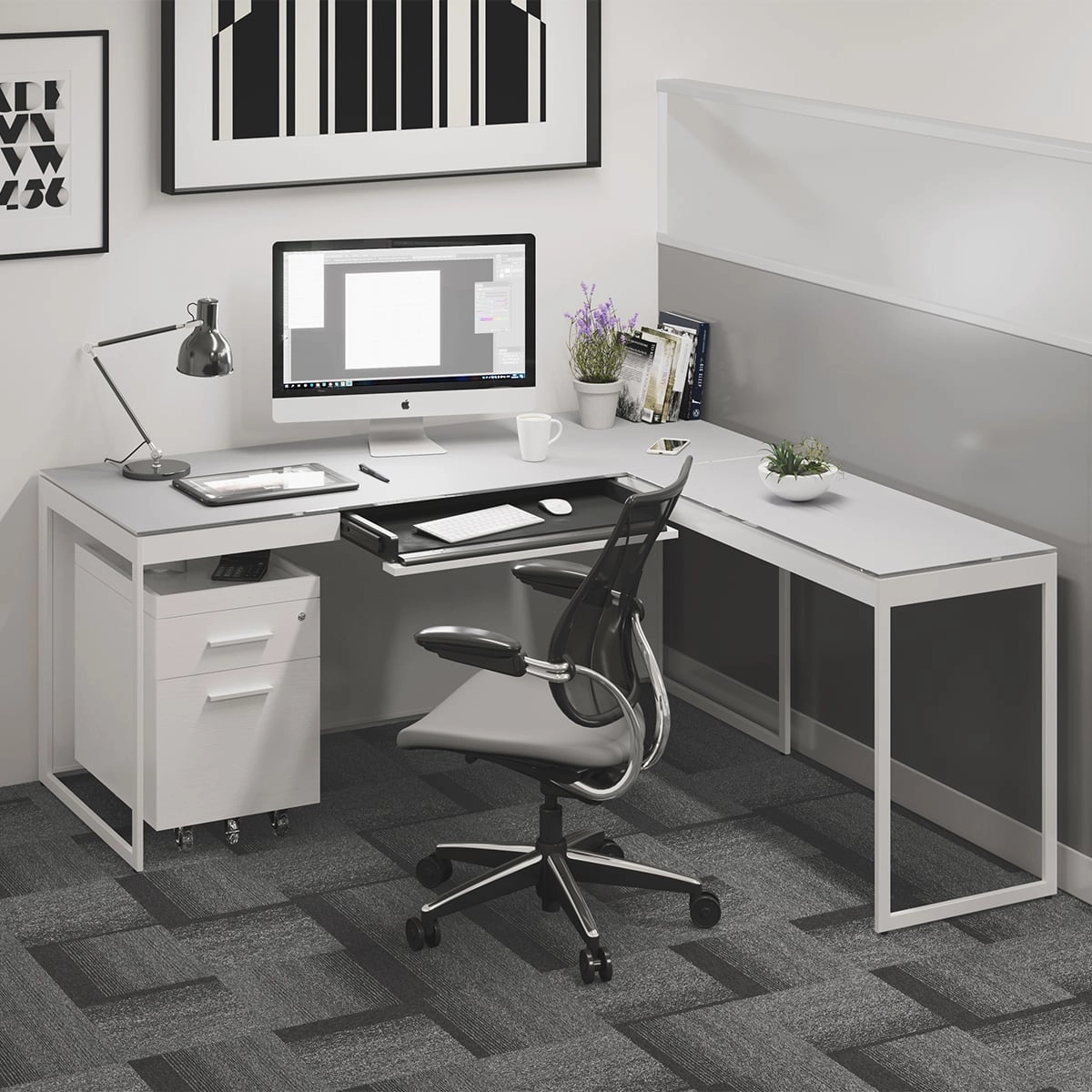 BDI Centro 6401 Desk with Keyboard Drawer (Satin White)