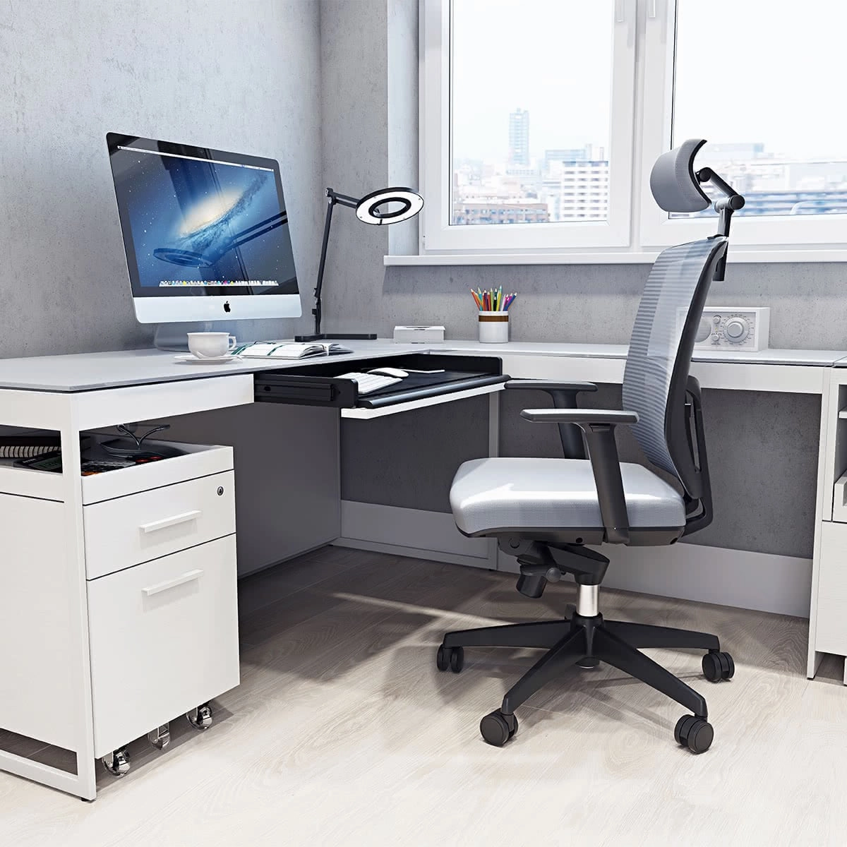 BDI Centro 6401 Desk with Keyboard Drawer (Satin White)