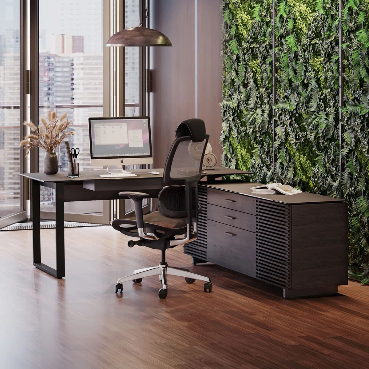 BDI Corridor 6531 Modern Shaped L-Shaped Executive Desk (Charcoal Stained Ash)