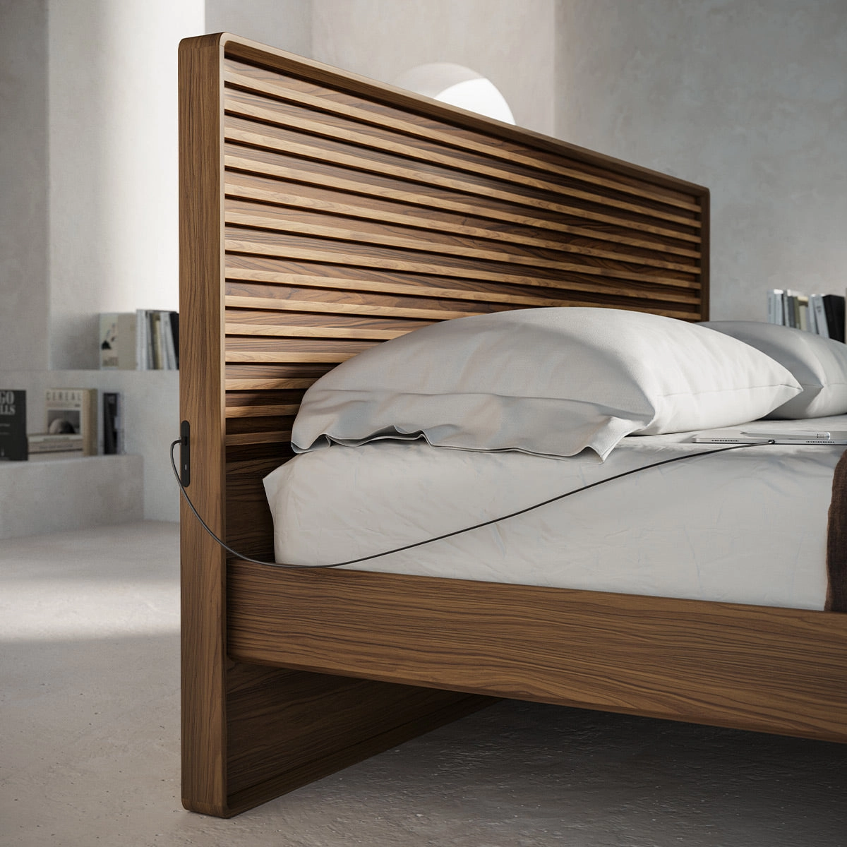 BDI Cross-LINQ 9127 Queen Size Bed with Slatted Headboard and Integrated Charging Stations (Natural Walnut)
