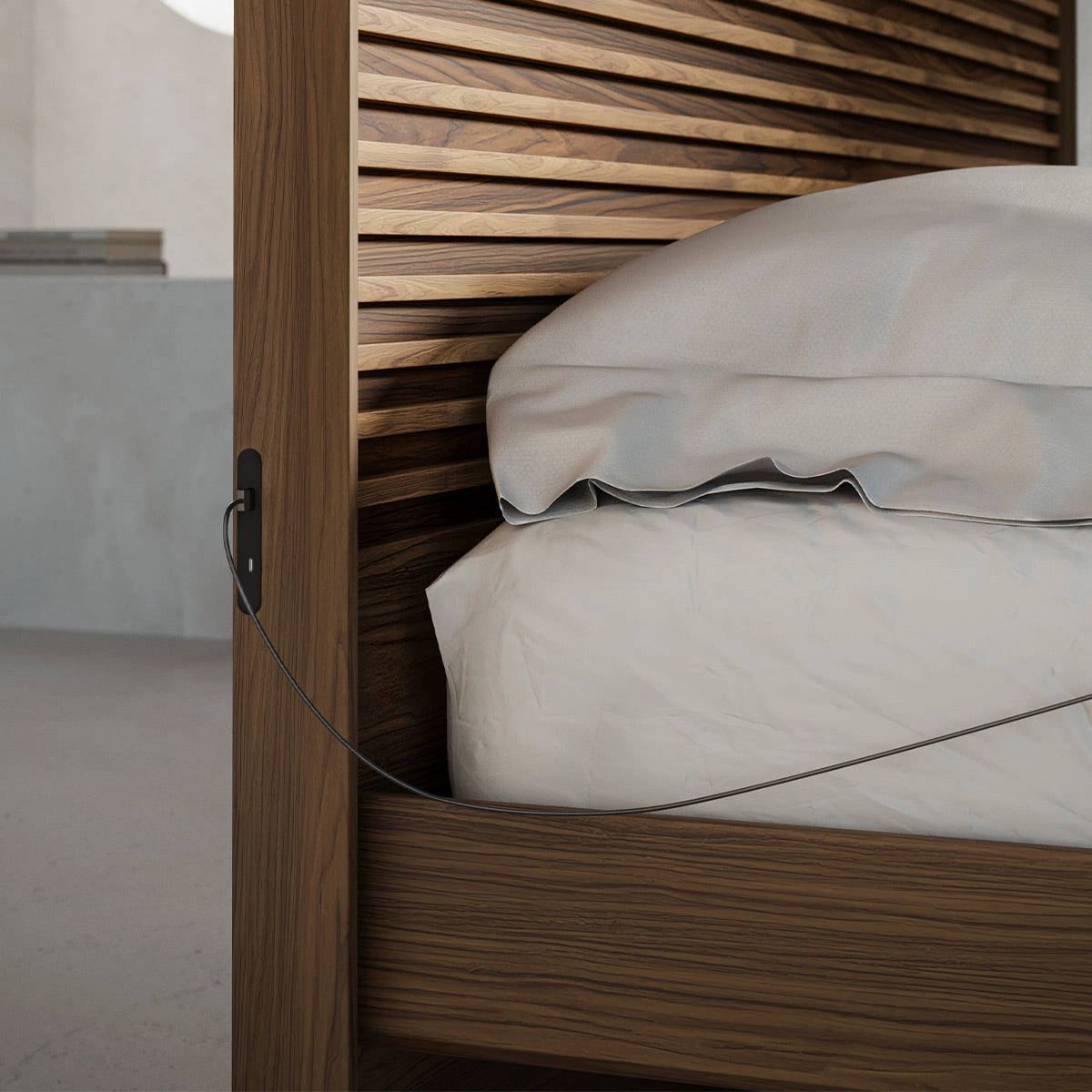 BDI Cross-LINQ 9127 Queen Size Bed with Slatted Headboard and Integrated Charging Stations (Natural Walnut)