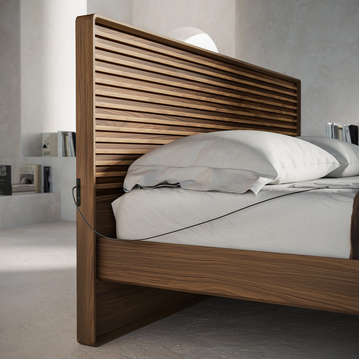 BDI Cross-LINQ 9129 King Size Bed with Slatted Headboard and Integrated Charging Stations (Natural Walnut)
