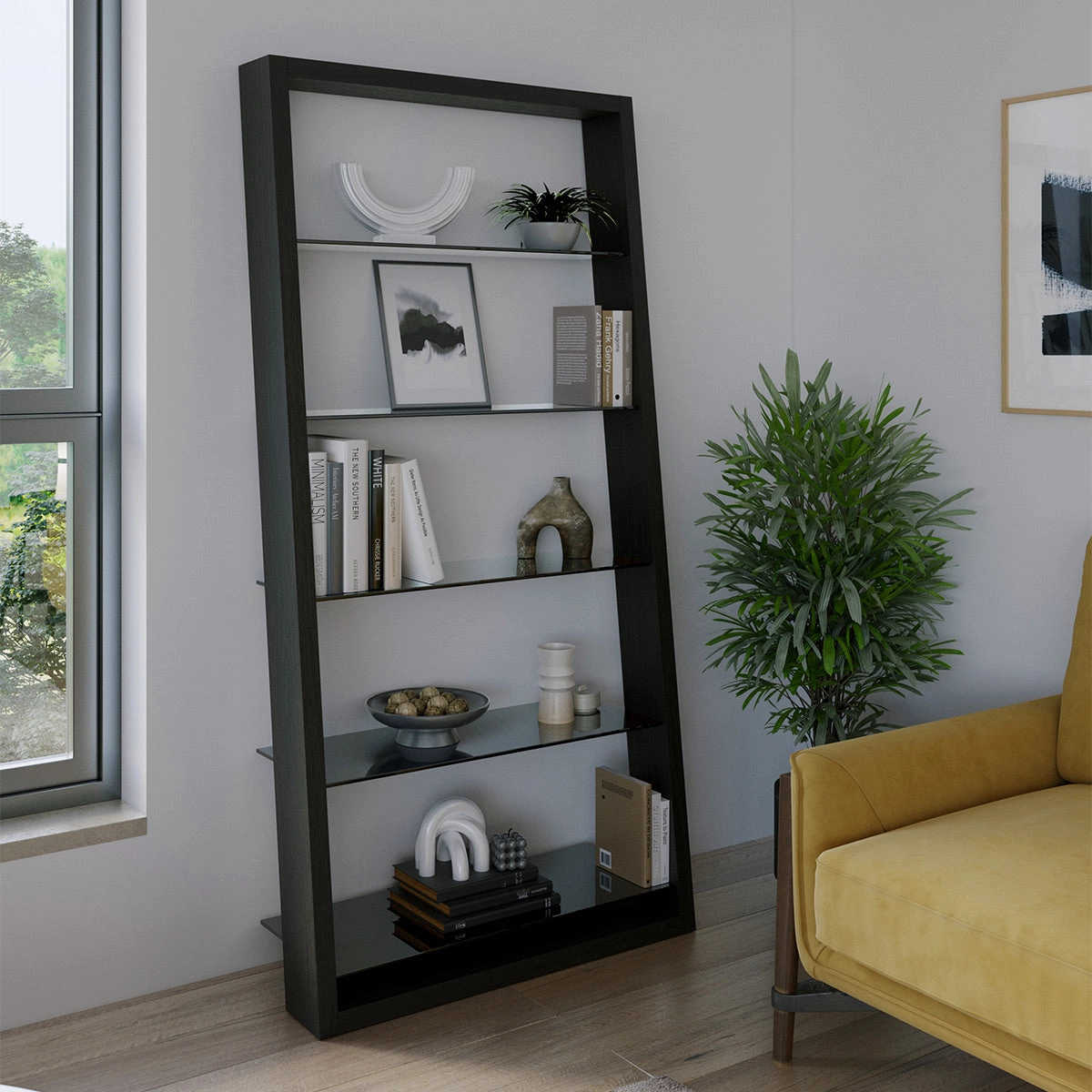 BDI Eileen 2.0 5166 Leaning Shelf with Grey-Tinted Glass Shelves (Charcoal Stained Ash)