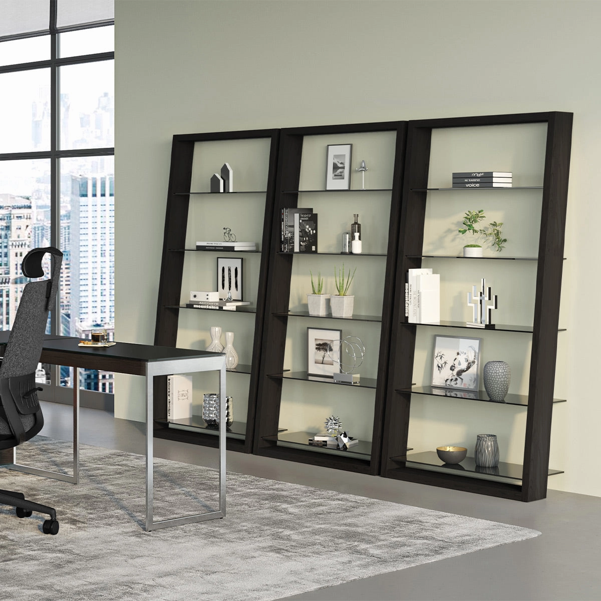 BDI Eileen 2.0 5166 Leaning Shelf with Grey-Tinted Glass Shelves (Charcoal Stained Ash)