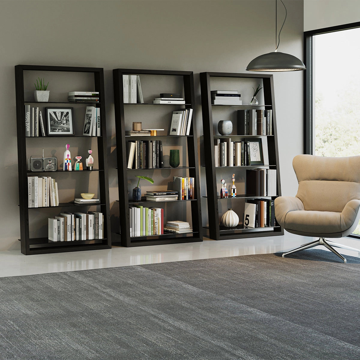 BDI Eileen 2.0 5166 Leaning Shelf with Grey-Tinted Glass Shelves (Charcoal Stained Ash)