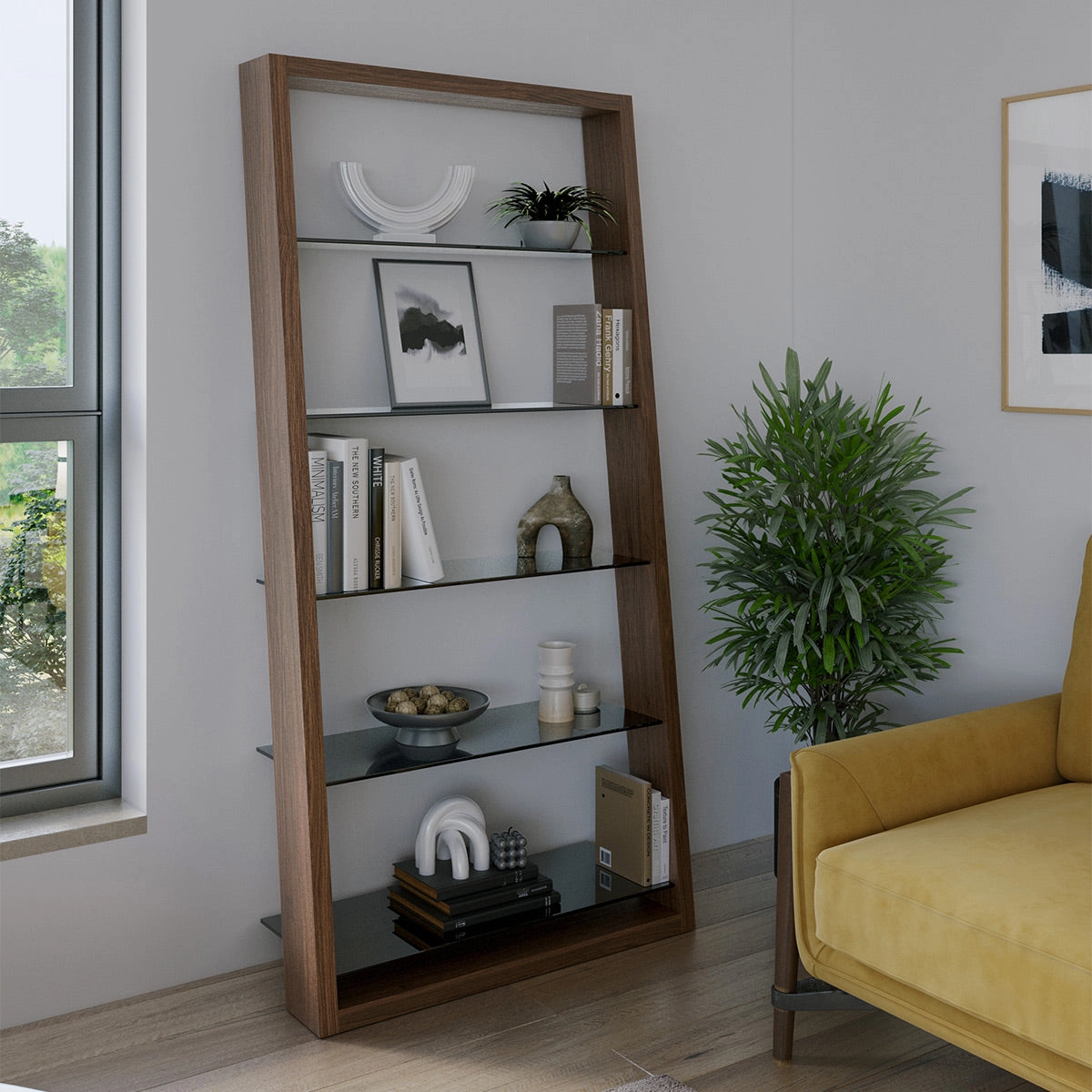 BDI Eileen 2.0 5166 Leaning Shelf with Grey-Tinted Glass Shelves (Natural Walnut)