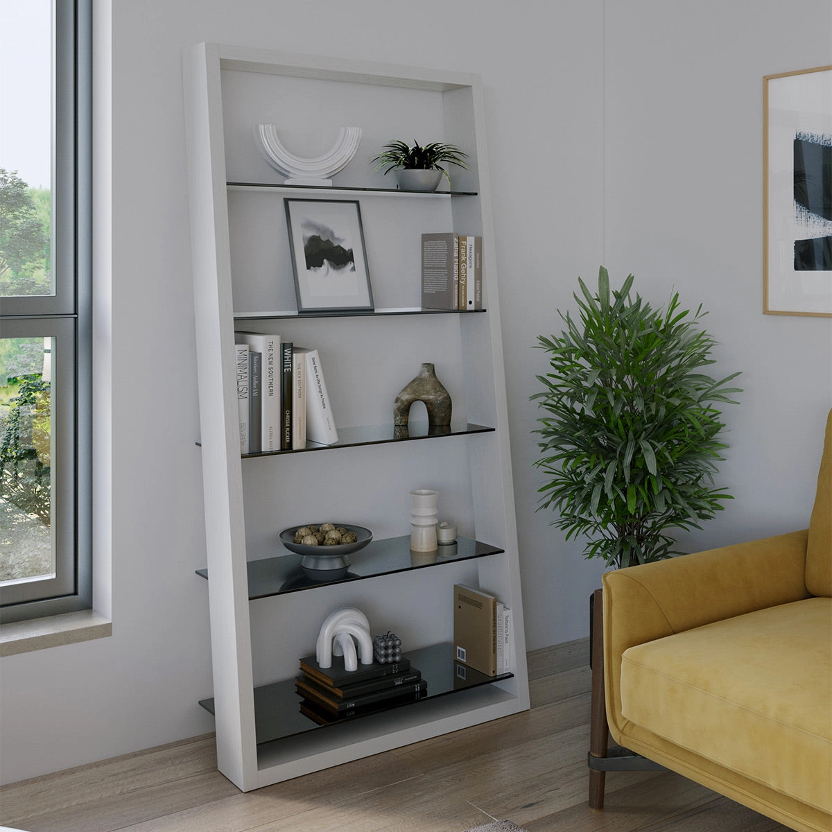 BDI Eileen 2.0 5166 Leaning Shelf with Grey-Tinted Glass Shelves (Satin White)