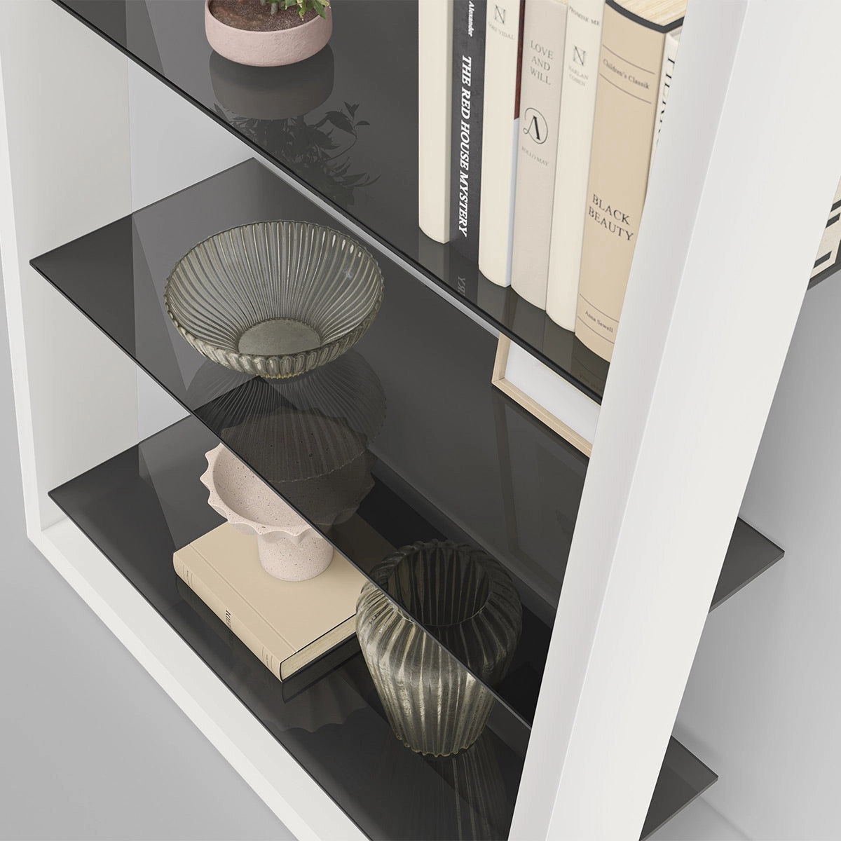 BDI Eileen 2.0 5166 Leaning Shelf with Grey-Tinted Glass Shelves (Satin White)