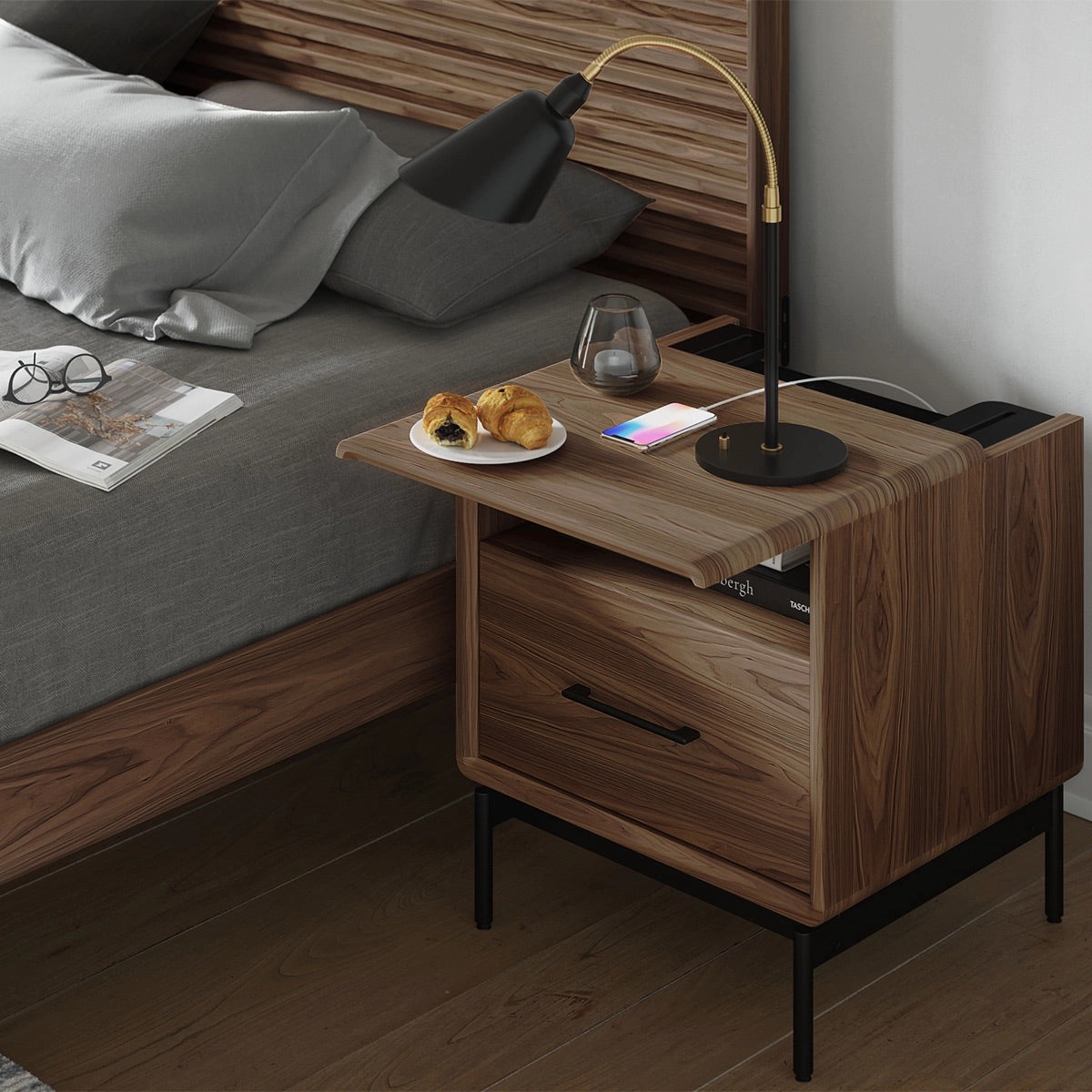 BDI LINQ 9181 22&rdquo; Nightstand with Top Slide and Integrated Power Station (Natural Walnut)