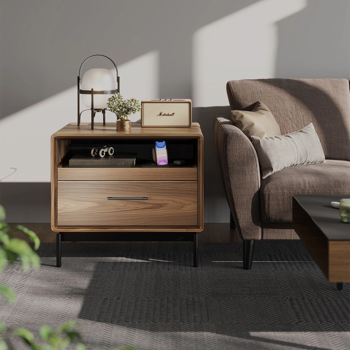 BDI LINQ 9182 28&rdquo; Nightstand with Sliding Shelves and Integrated Power Station (Natural Walnut)