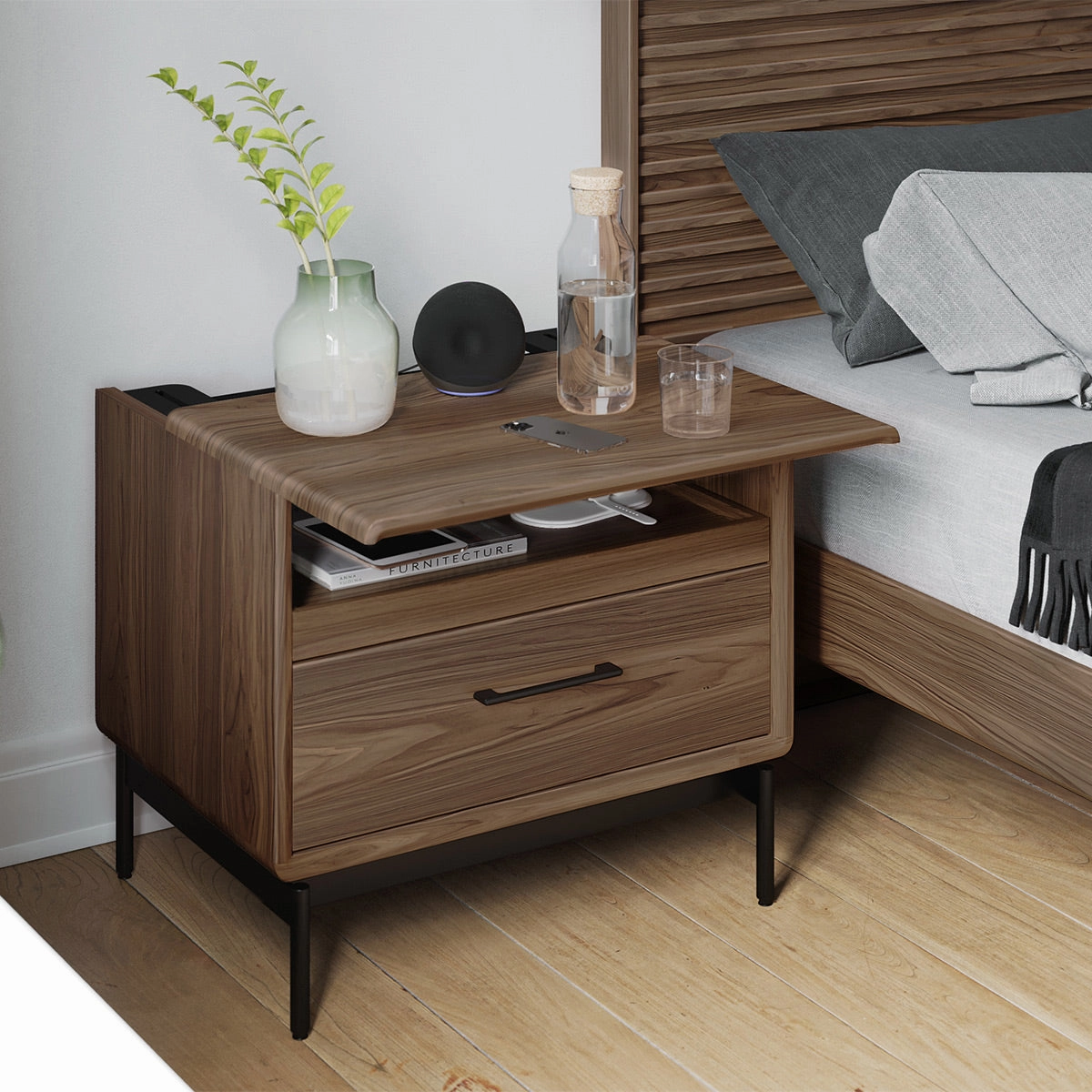 BDI LINQ 9182 28&rdquo; Nightstand with Sliding Shelves and Integrated Power Station (Natural Walnut)