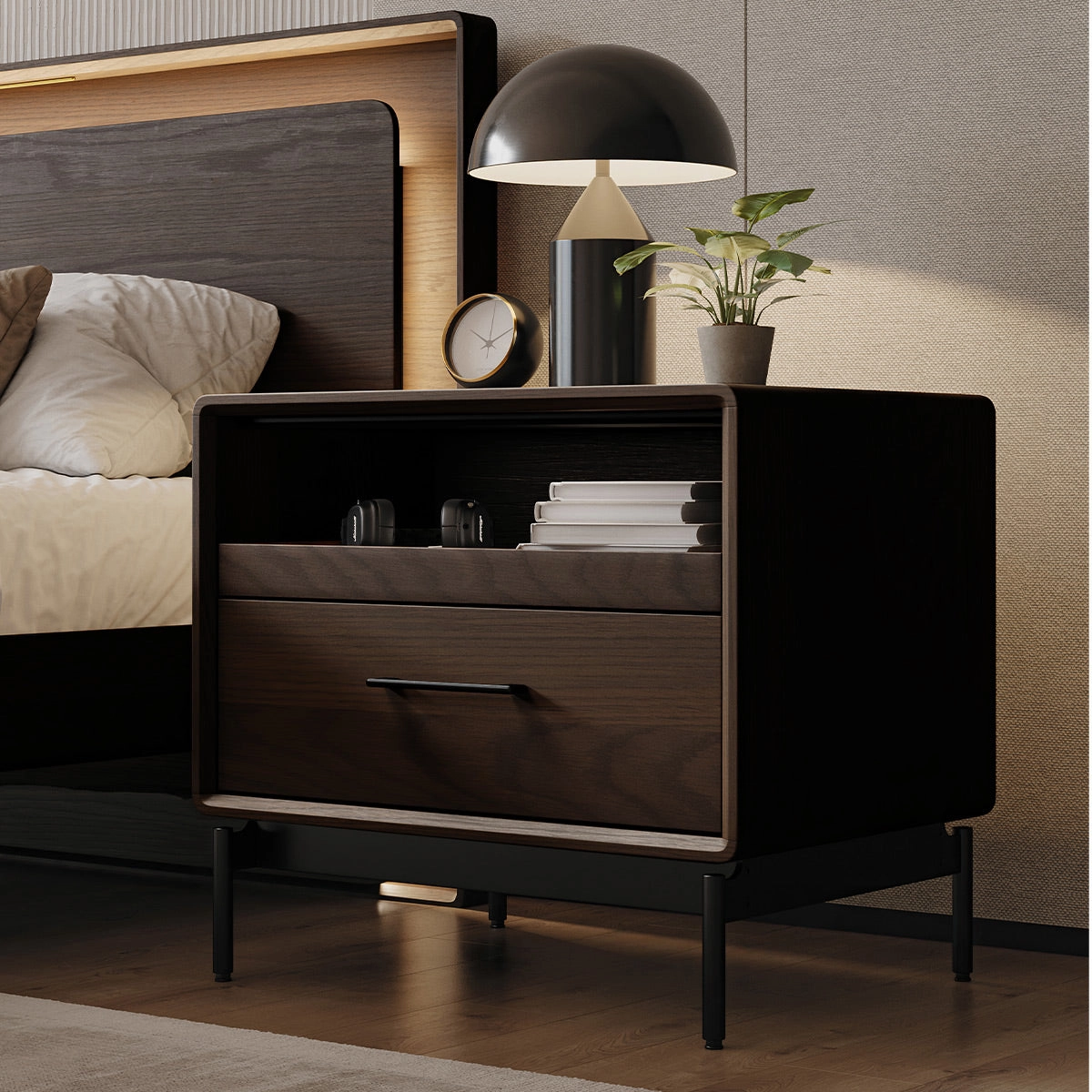 BDI LINQ 9182 28&rdquo; Nightstand with Sliding Shelves and Integrated Power Station (Toasted Oak)