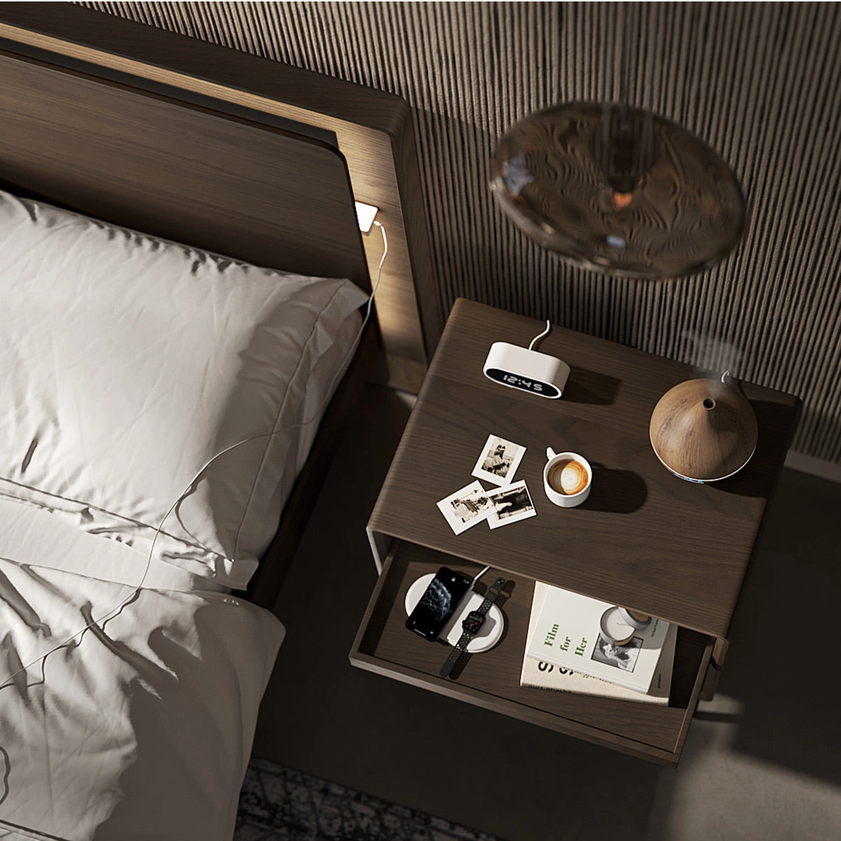BDI LINQ 9182 28&rdquo; Nightstand with Sliding Shelves and Integrated Power Station (Toasted Oak)