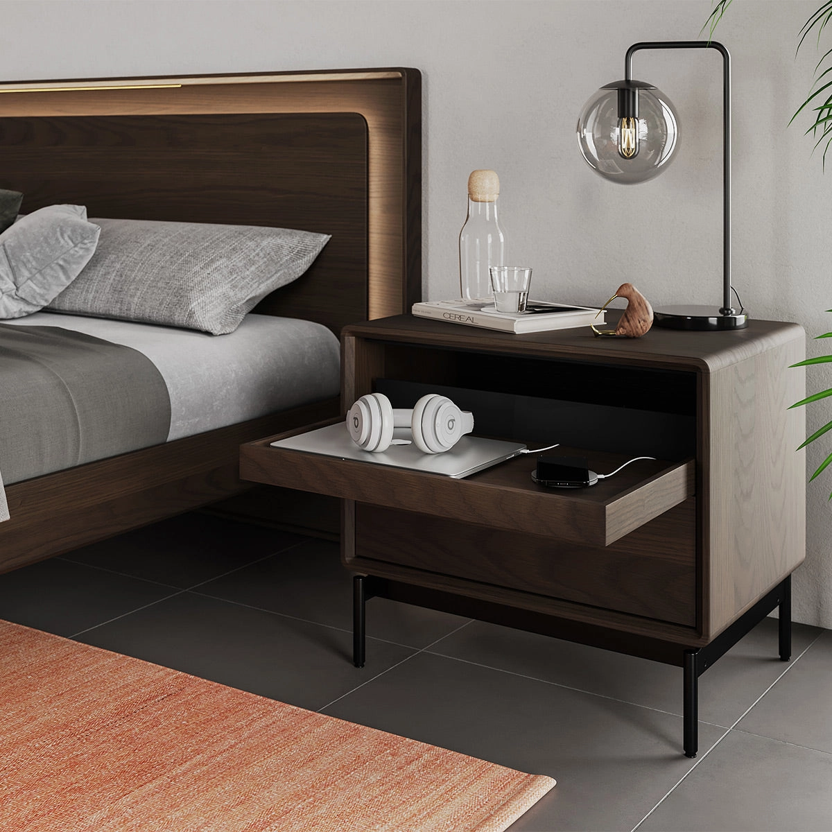 BDI LINQ 9182 28&rdquo; Nightstand with Sliding Shelves and Integrated Power Station (Toasted Oak)