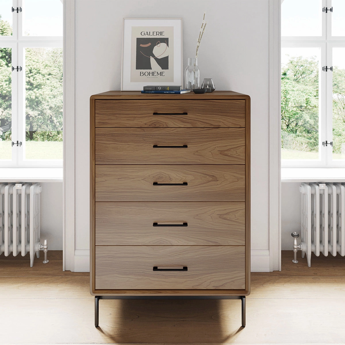 BDI LINQ 9185 Storage Chest with 5 Self-Closing Drawers and Metal Base (Natural Walnut)