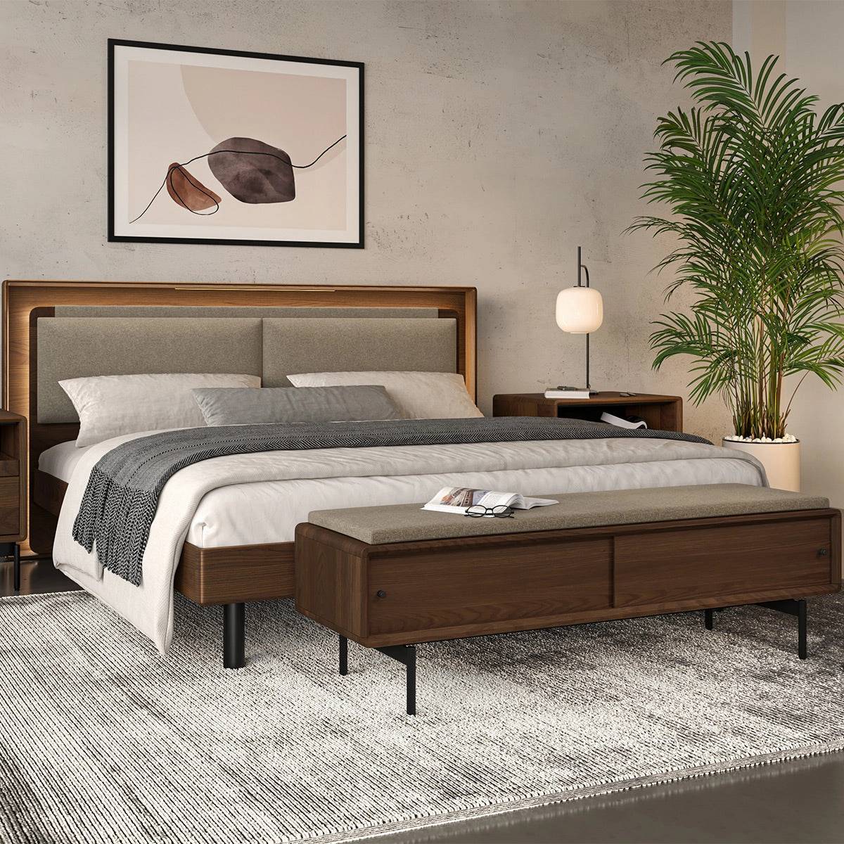 BDI LINQ Bench 9101 with Fabric Cushion (Natural Walnut/Almond)