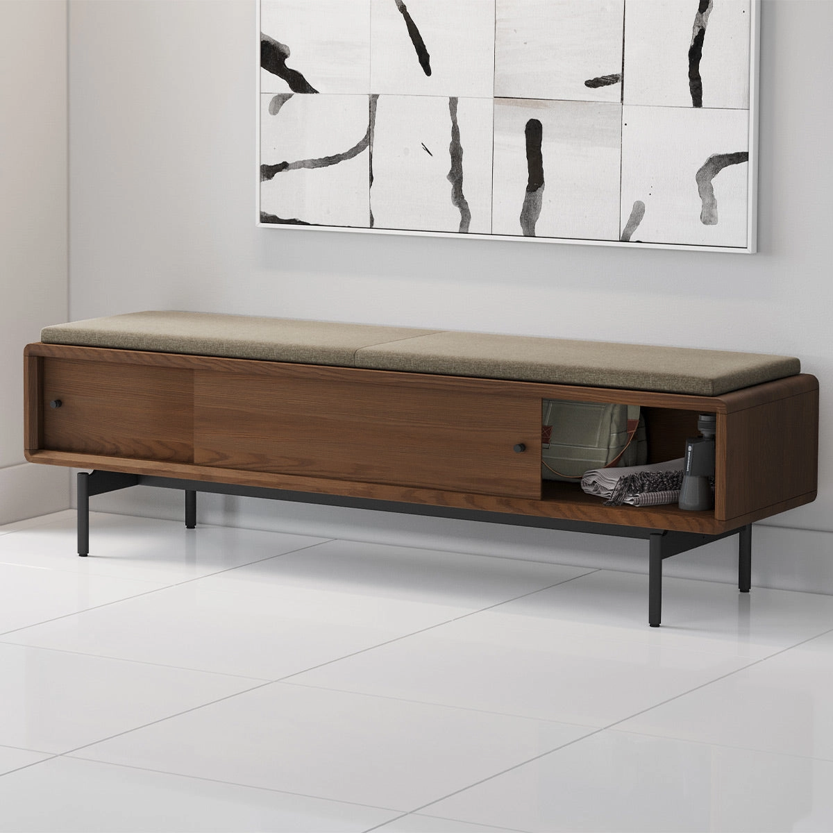 BDI LINQ Bench 9101 with Fabric Cushion (Natural Walnut/Almond)