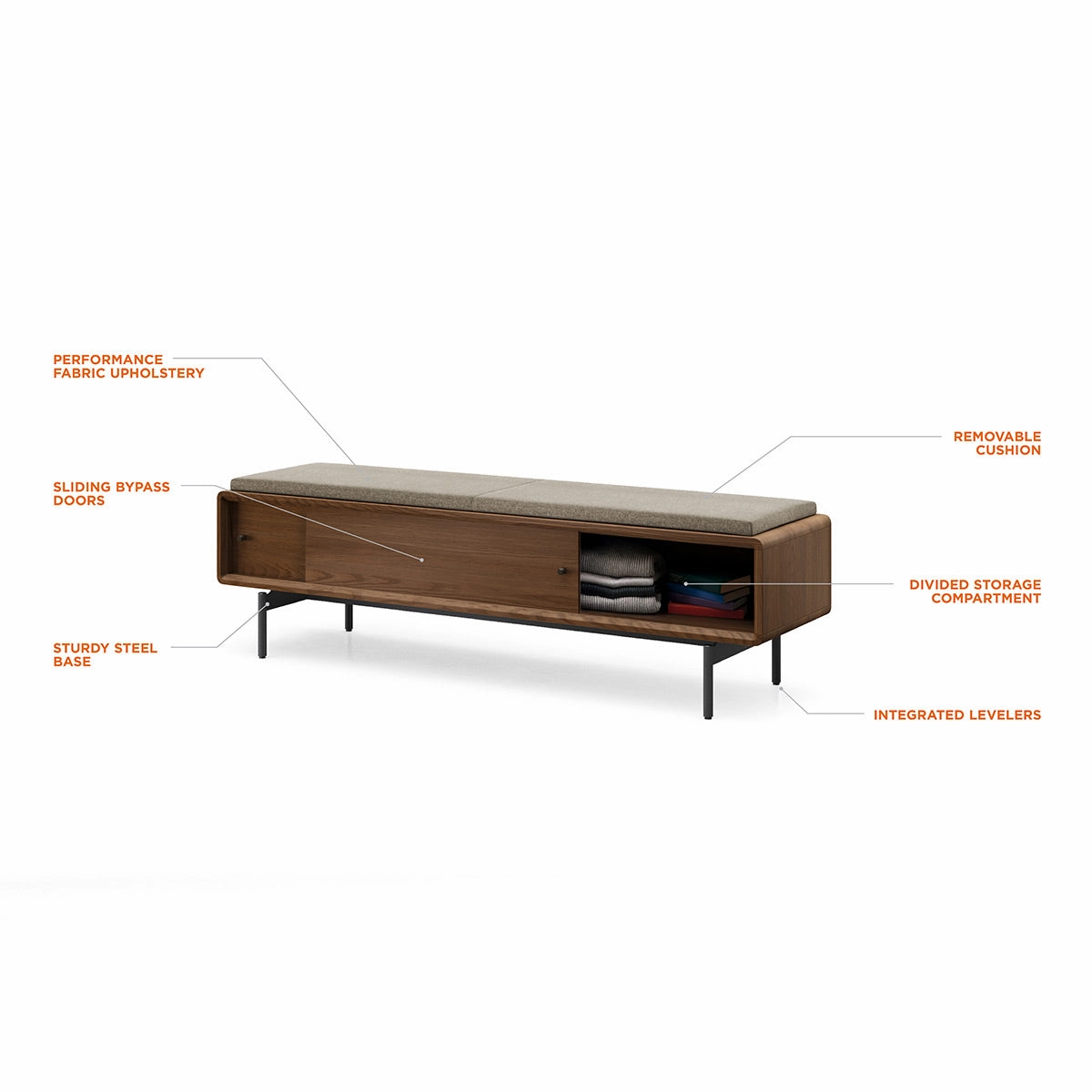 BDI LINQ Bench 9101 with Fabric Cushion (Natural Walnut/Almond)