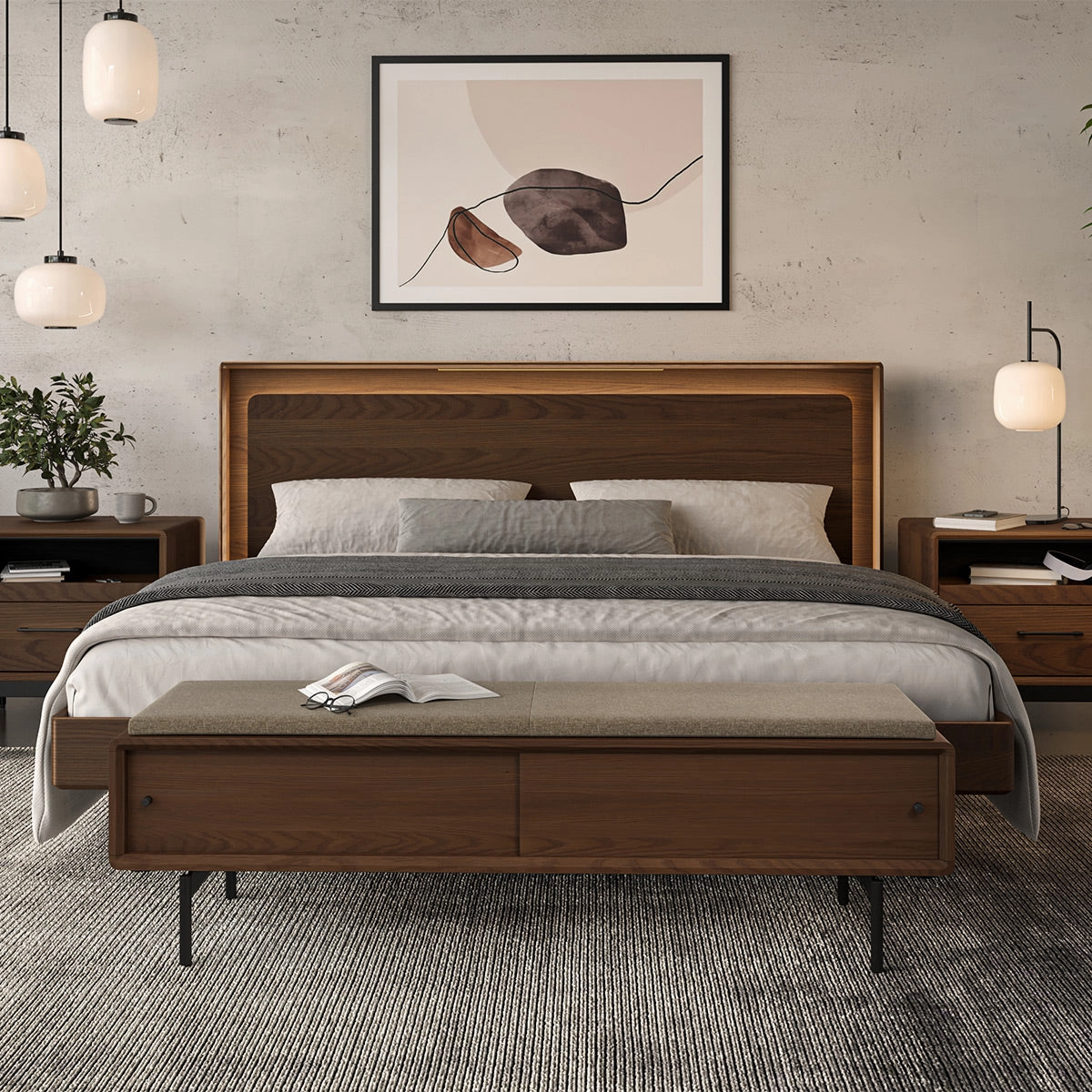 BDI LINQ Bench 9101 with Fabric Cushion (Natural Walnut/Almond)