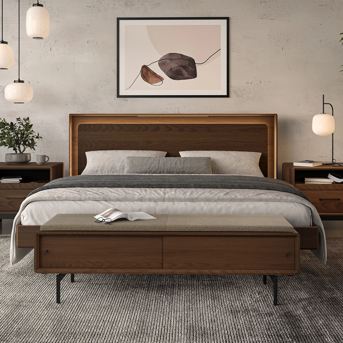 BDI LINQ Bench 9101 with Fabric Cushion (Natural Walnut/Almond)