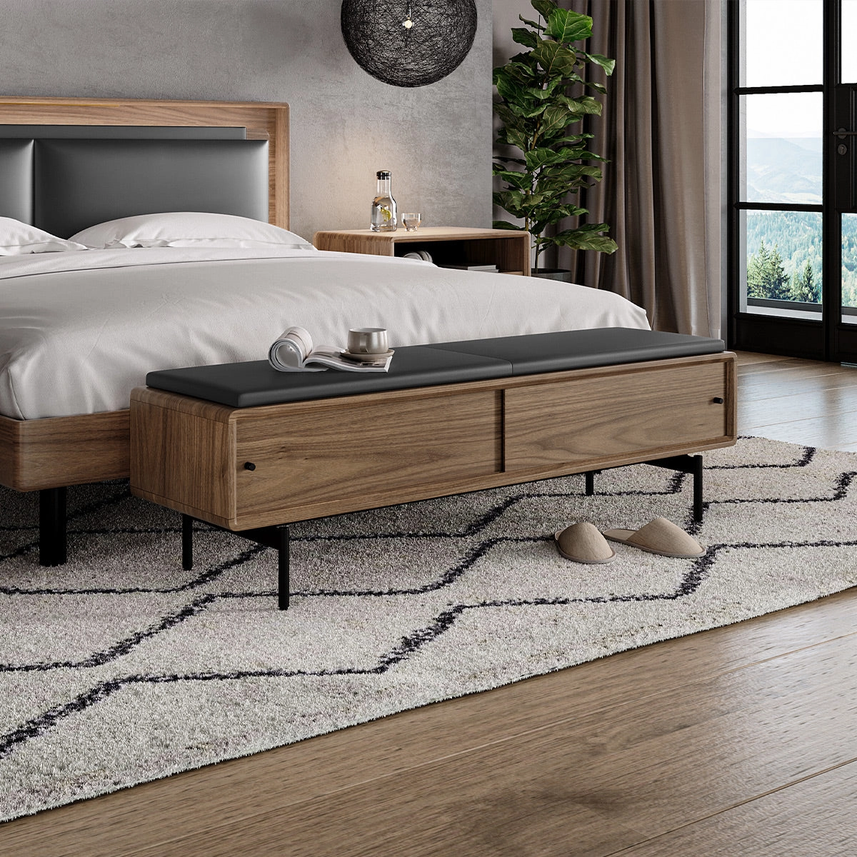BDI LINQ Bench 9102 with Leather Cushion (Natural Walnut with Pepper Leather)