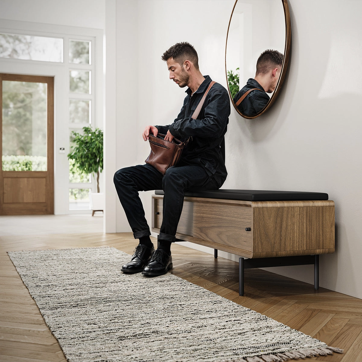 BDI LINQ Bench 9102 with Leather Cushion (Natural Walnut with Pepper Leather)