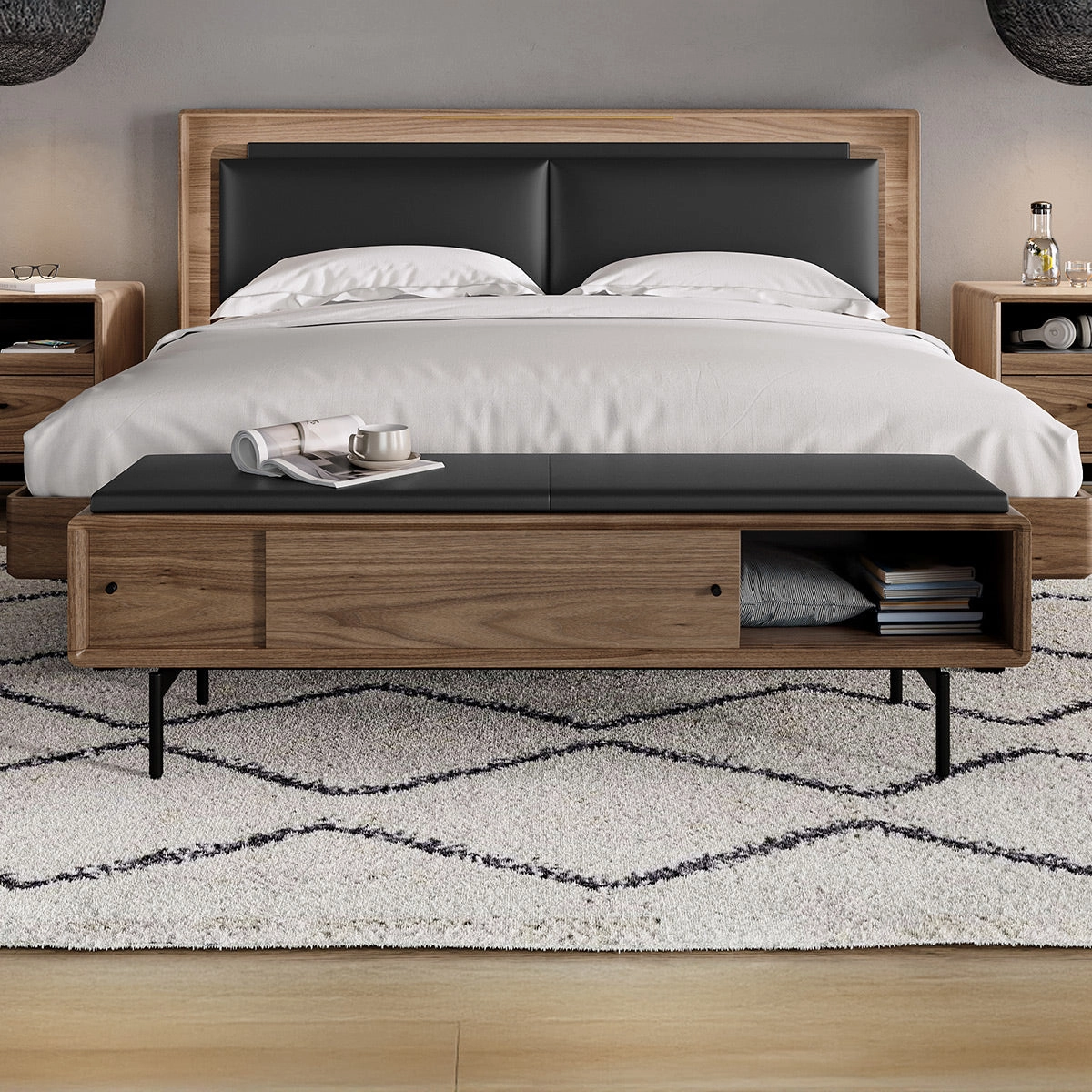 BDI LINQ Bench 9102 with Leather Cushion (Natural Walnut with Pepper Leather)