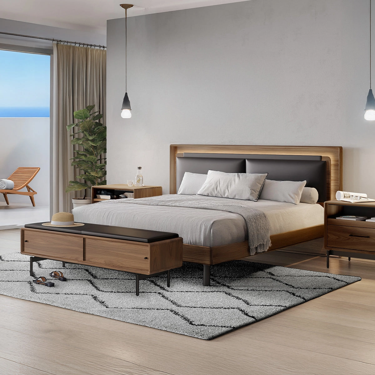 BDI LINQ Bench 9102 with Leather Cushion (Natural Walnut with Pepper Leather)