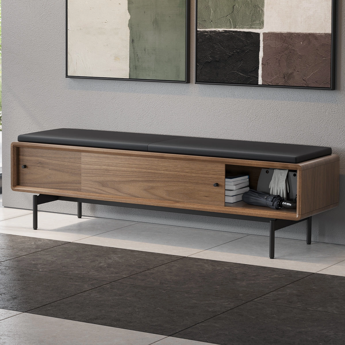 BDI LINQ Bench 9102 with Leather Cushion (Natural Walnut with Pepper Leather)