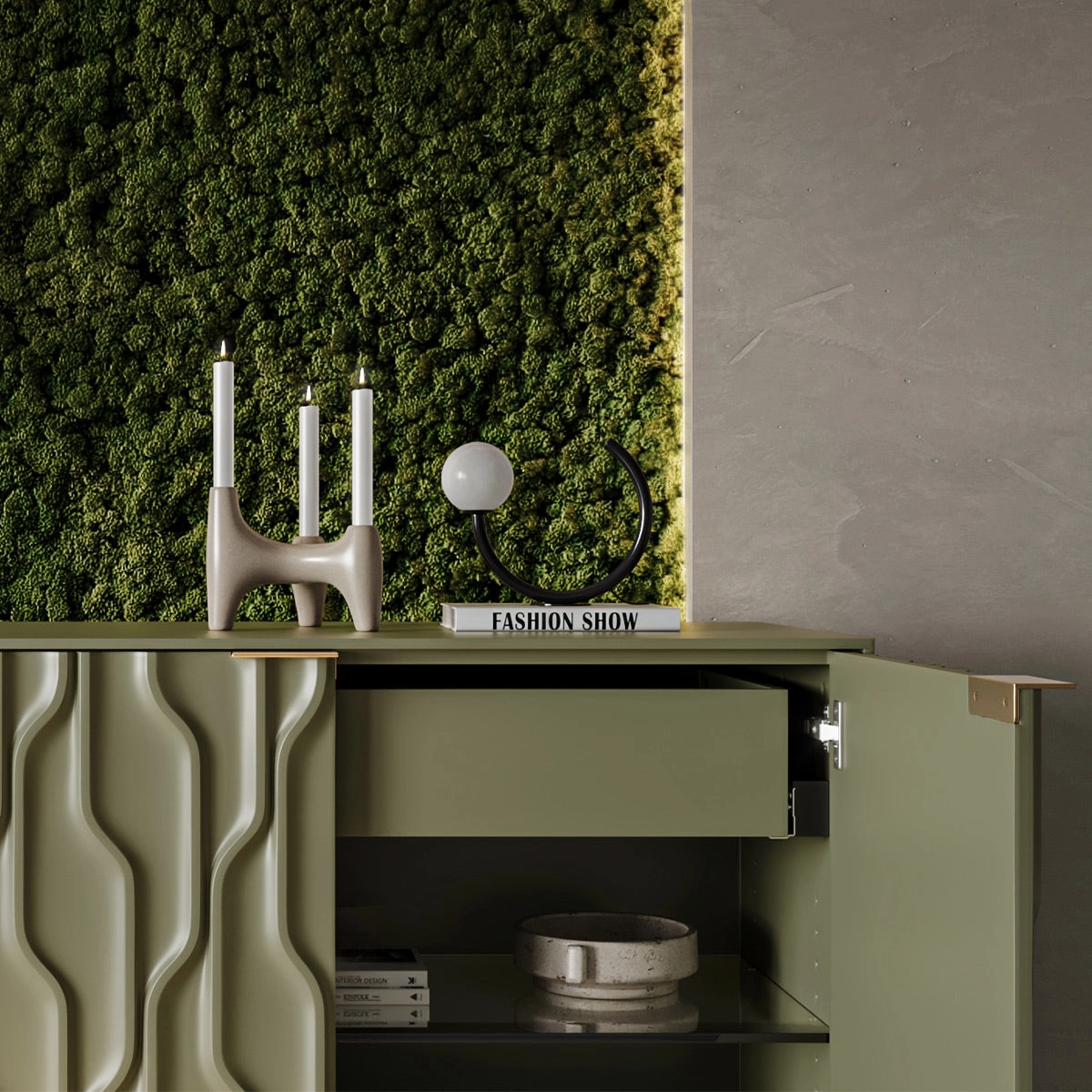 BDI Mesa 7639 4-Door Credenza (Moss with Brass Base)