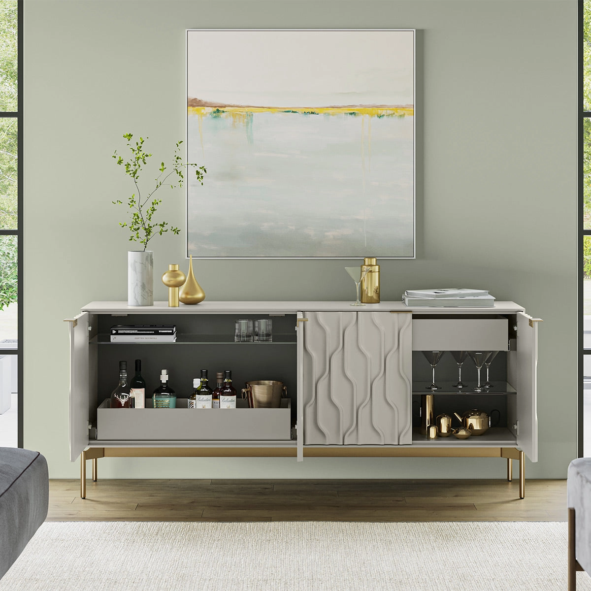 BDI Mesa 7639 4-Door Credenza (Stone with Brass Base)