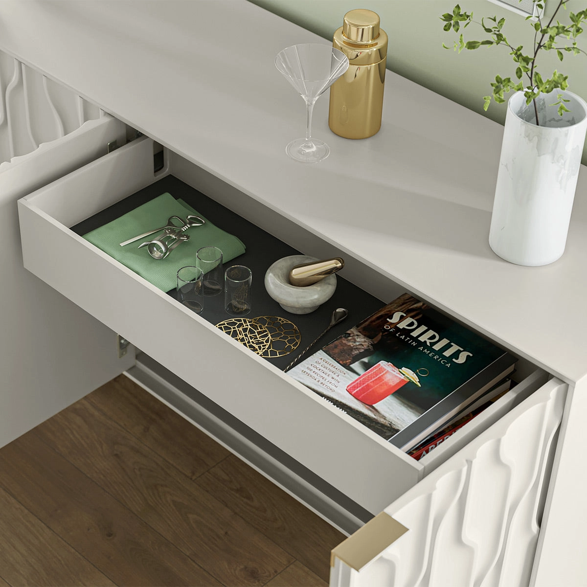BDI Mesa 7639 4-Door Credenza (Stone with Brass Base)
