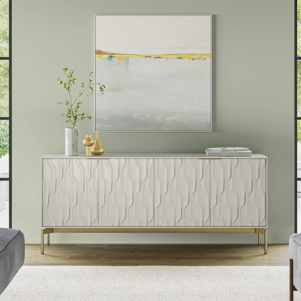 BDI Mesa 7639 4-Door Credenza (Stone with Brass Base)