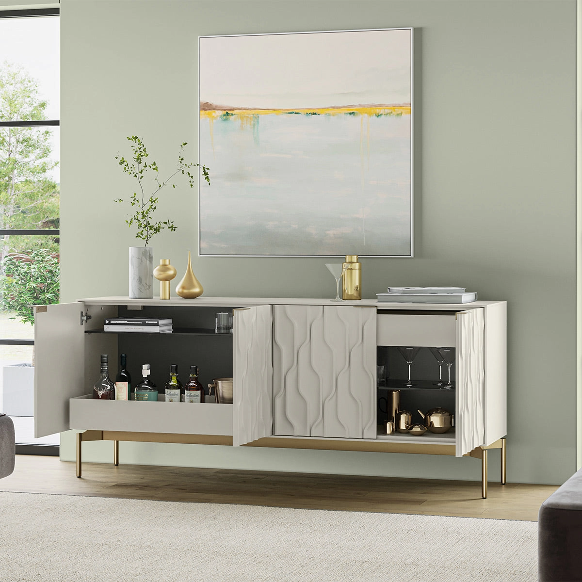 BDI Mesa 7639 4-Door Credenza (Stone with Brass Base)