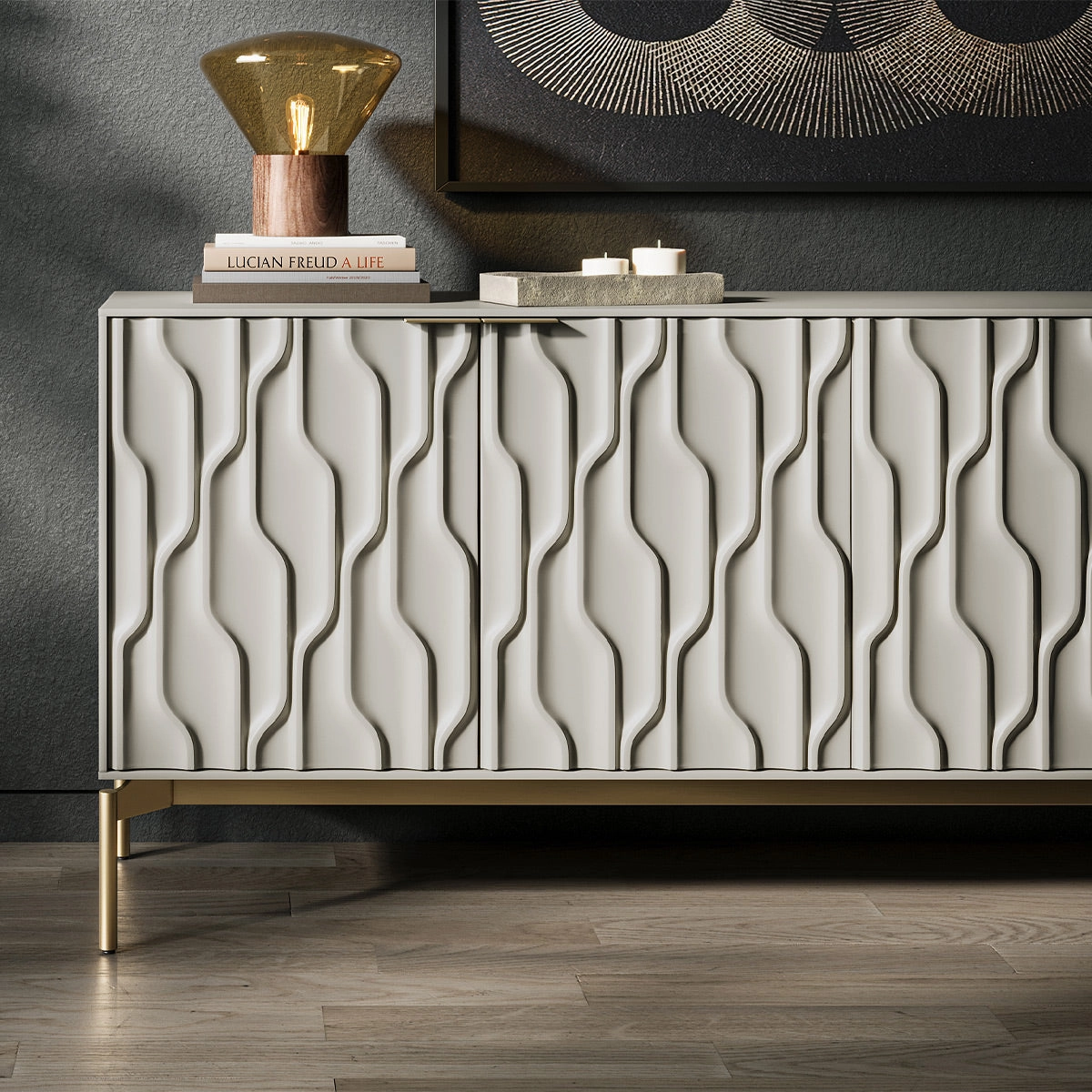 BDI Mesa 7639 4-Door Credenza (Stone with Brass Base)