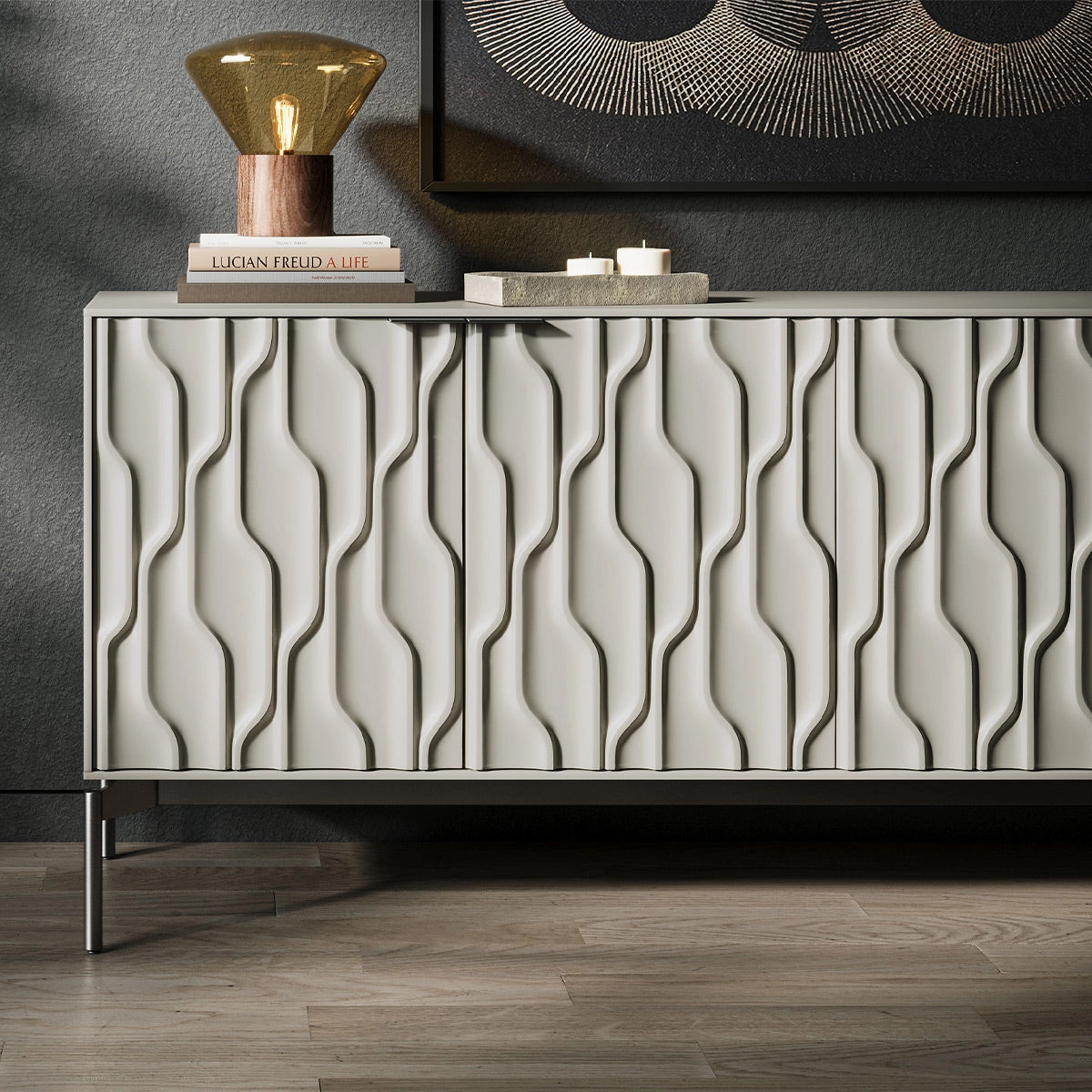 BDI Mesa 7639 4-Door Credenza (Stone with Carbon Base)