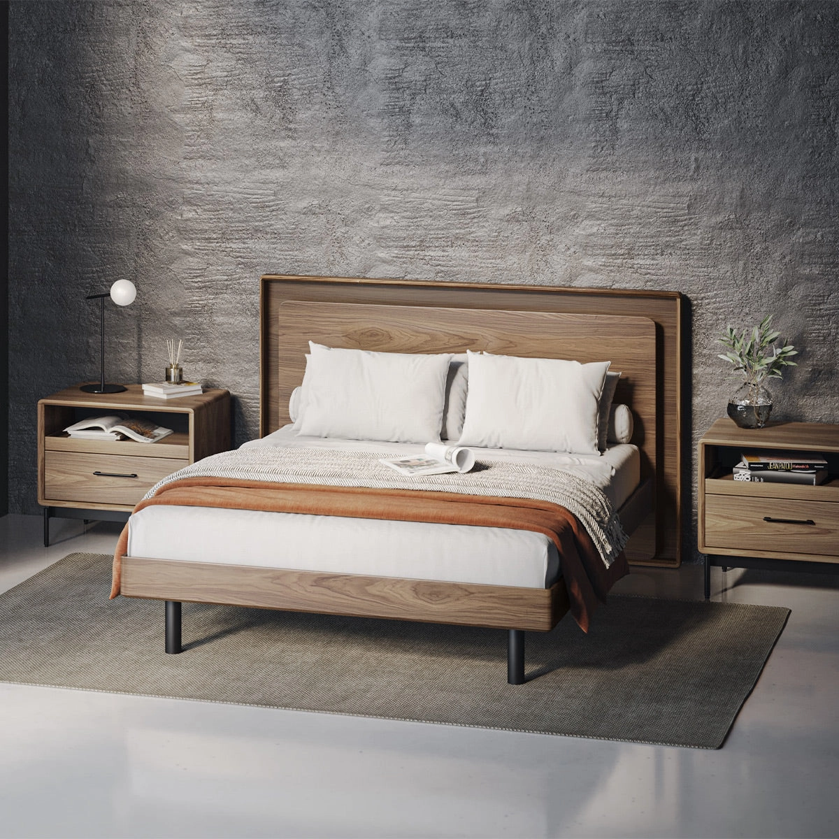 BDI Up-LINQ 9117 Queen Size Bed with Dual-Level Headboard, Dimmable Accent Lighting, and Integrated Power Stations (Natural Walnut)