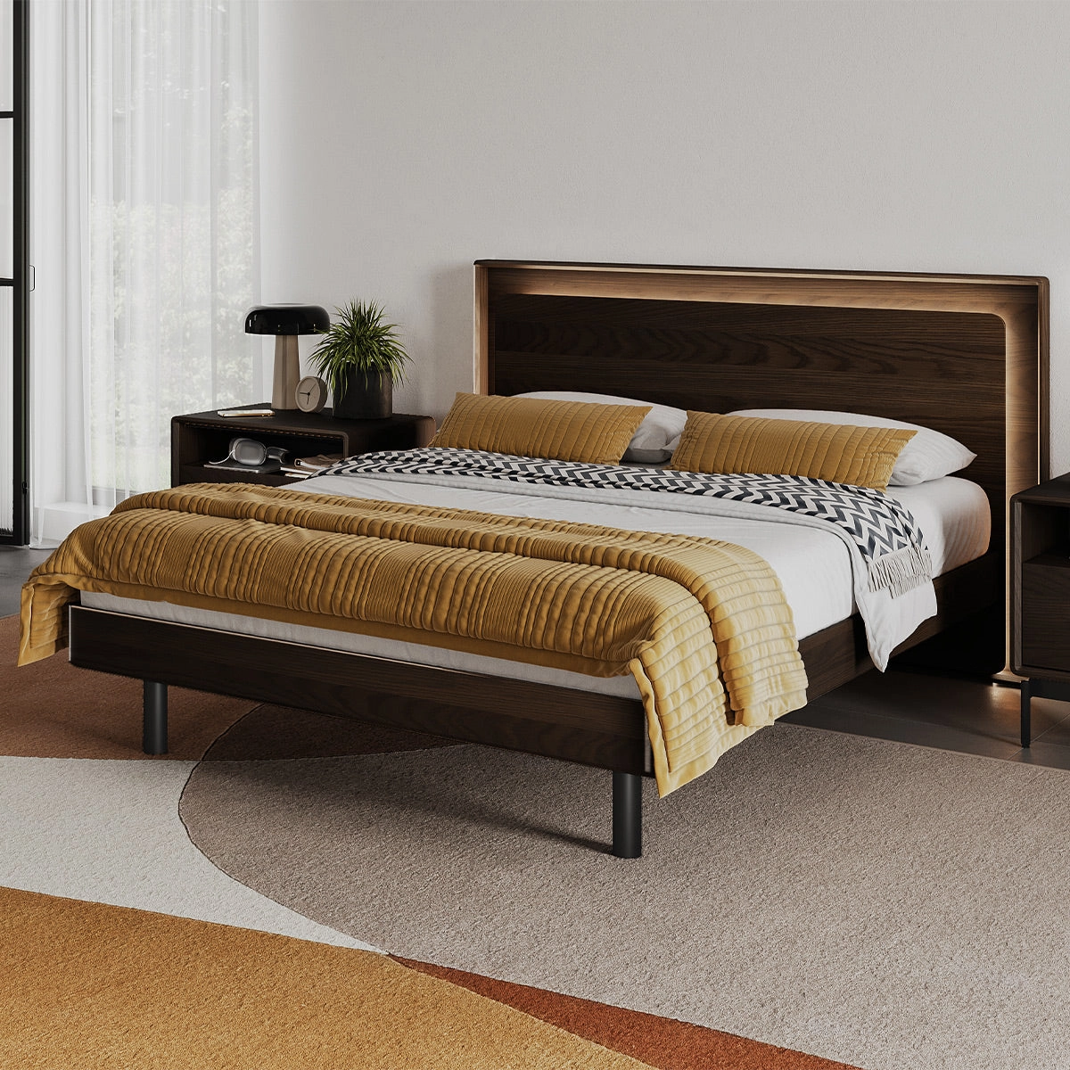 BDI Up-LINQ 9117 Queen Size Bed with Dual-Level Headboard, Dimmable Accent Lighting, and Integrated Power Stations (Toasted Oak)