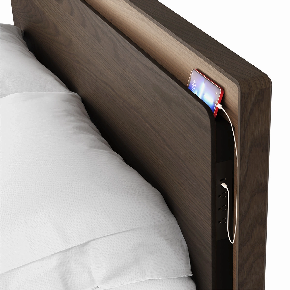 BDI Up-LINQ 9117 Queen Size Bed with Dual-Level Headboard, Dimmable Accent Lighting, and Integrated Power Stations (Toasted Oak)