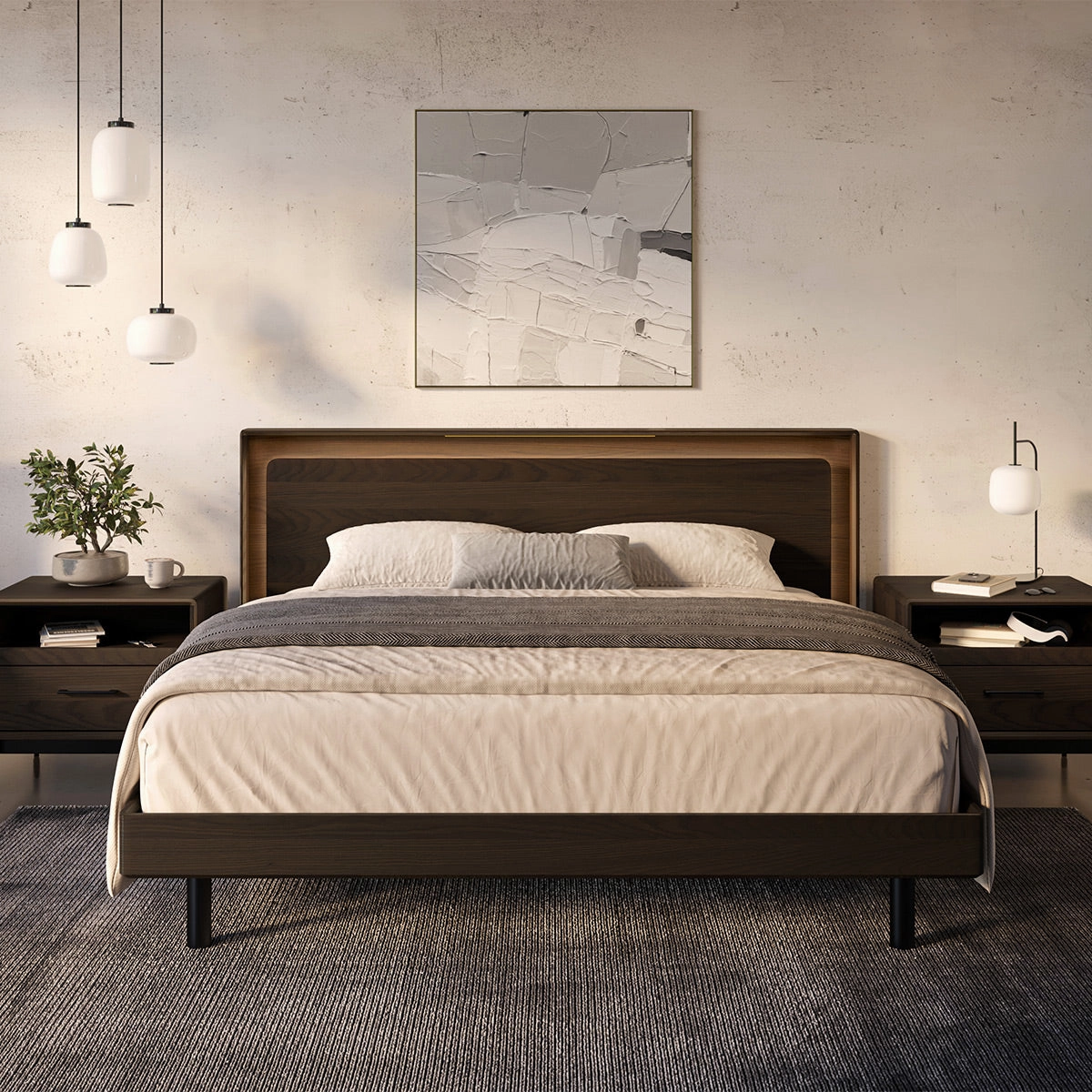 BDI Up-LINQ 9117 Queen Size Bed with Dual-Level Headboard, Dimmable Accent Lighting, and Integrated Power Stations (Toasted Oak)