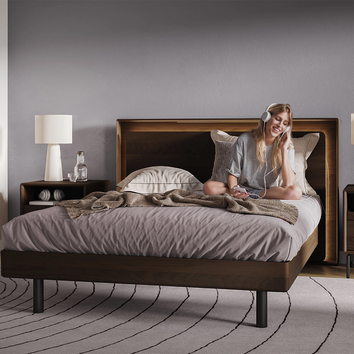 BDI Up-LINQ 9117 Queen Size Bed with Dual-Level Headboard, Dimmable Accent Lighting, and Integrated Power Stations (Toasted Oak)