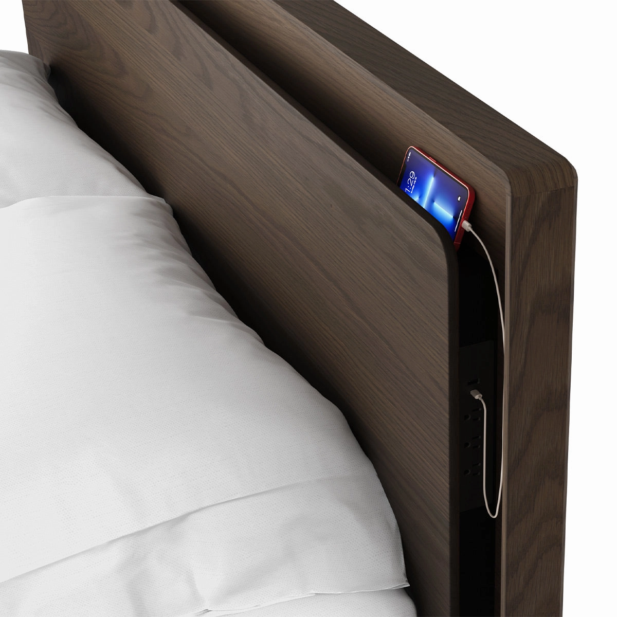BDI Up-LINQ 9117 Queen Size Bed with Dual-Level Headboard, Dimmable Accent Lighting, and Integrated Power Stations (Toasted Oak)