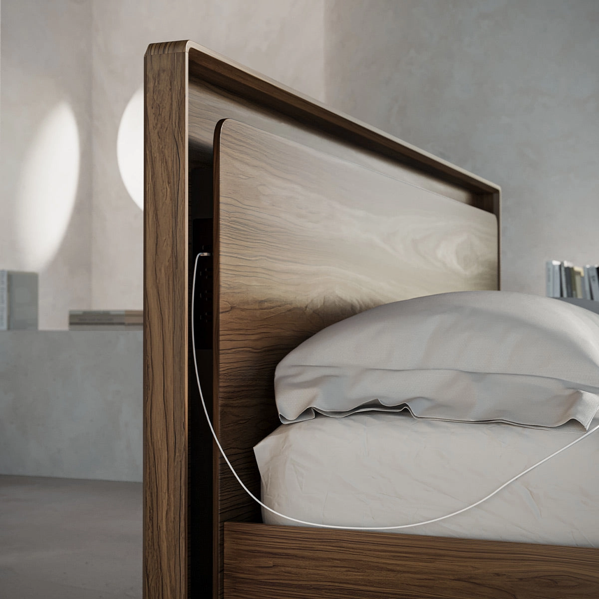 BDI Up-LINQ 9119 King Size Bed with Dual-Level Headboard, Dimmable Accent Lighting, and Integrated Power Stations (Natural Walnut)