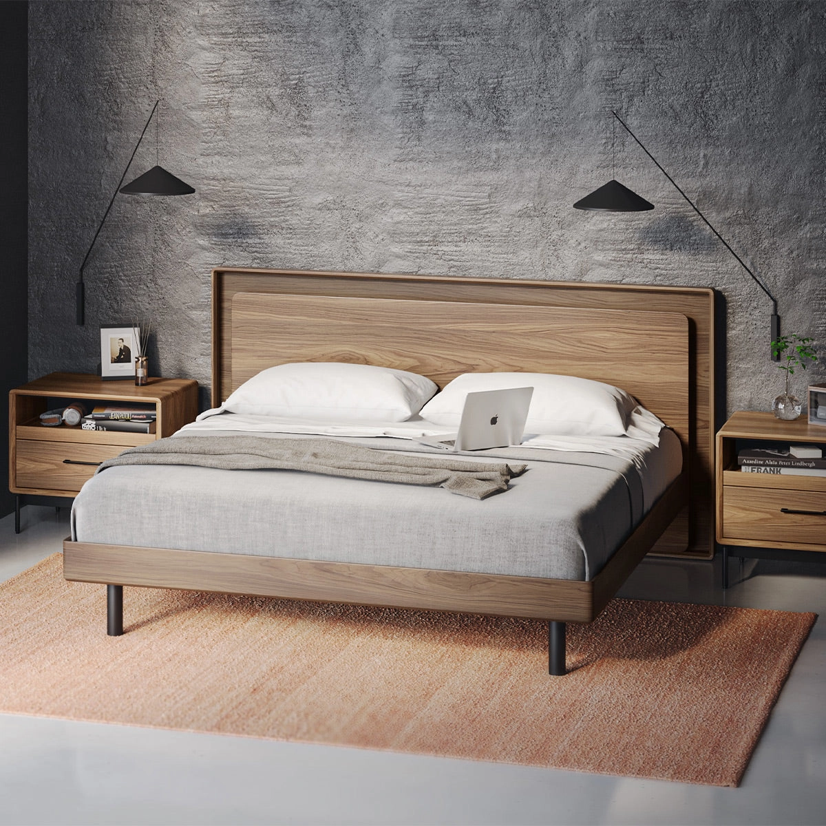 BDI Up-LINQ 9119 King Size Bed with Dual-Level Headboard, Dimmable Accent Lighting, and Integrated Power Stations (Natural Walnut)