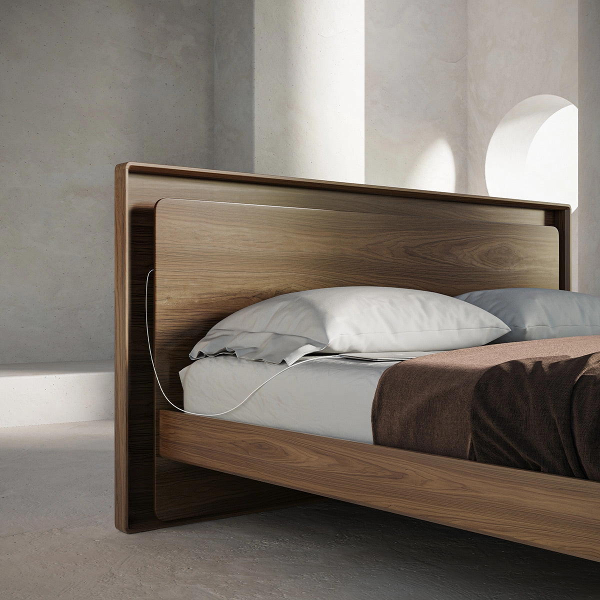 BDI Up-LINQ 9119 King Size Bed with Dual-Level Headboard, Dimmable Accent Lighting, and Integrated Power Stations (Natural Walnut)