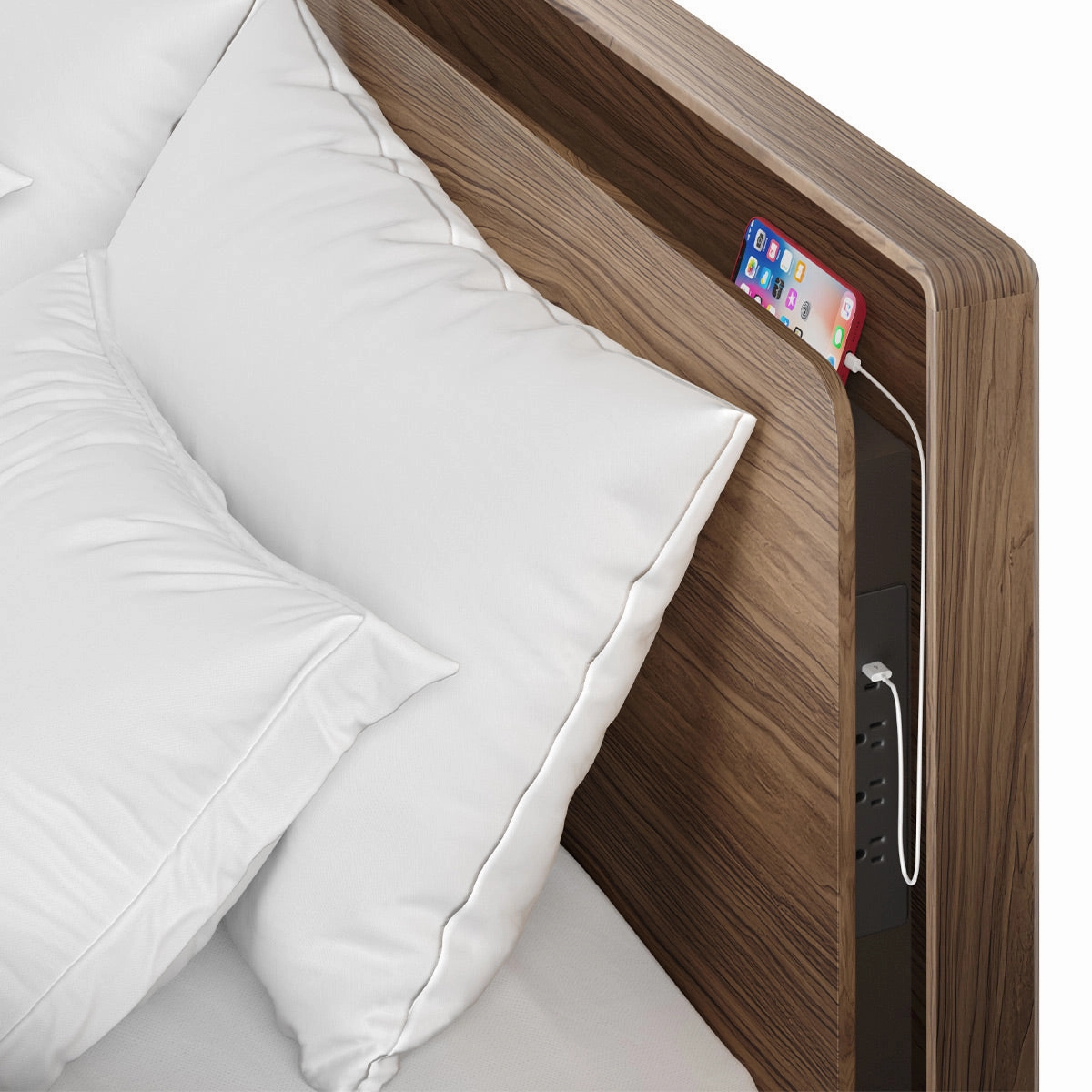 BDI Up-LINQ 9119 King Size Bed with Dual-Level Headboard, Dimmable Accent Lighting, and Integrated Power Stations (Natural Walnut)