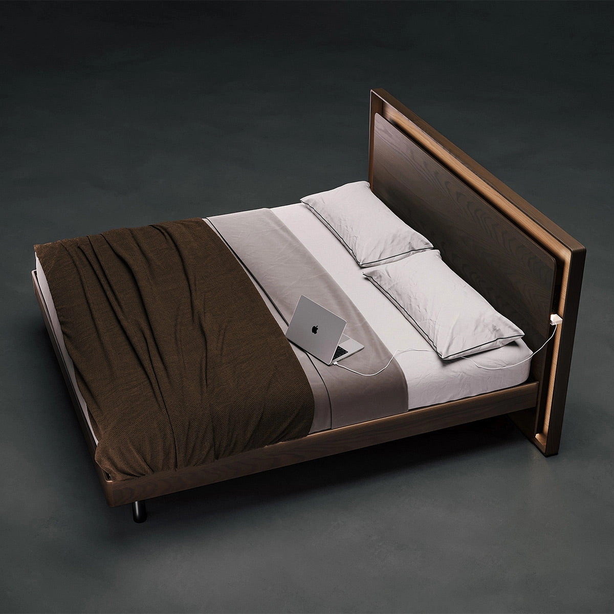 BDI Up-LINQ 9119 King Size Bed with Dual-Level Headboard, Dimmable Accent Lighting, and Integrated Power Stations (Toasted Oak)