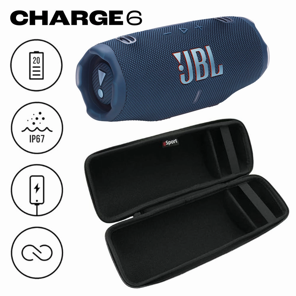 JBL CHARGE 6 Waterproof Portable Speaker Bundle with gSport Carbon Fiber Case (Blue)