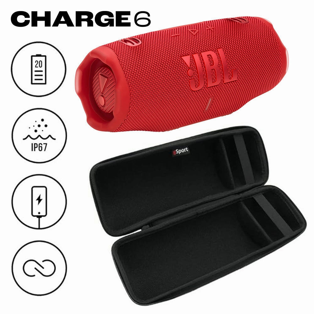 JBL CHARGE 6 Waterproof Portable Speaker Bundle with gSport Carbon Fiber Case (Red)