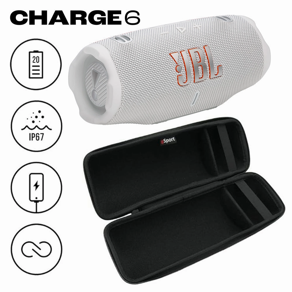 JBL CHARGE 6 Waterproof Portable Speaker Bundle with gSport Carbon Fiber Case (White)